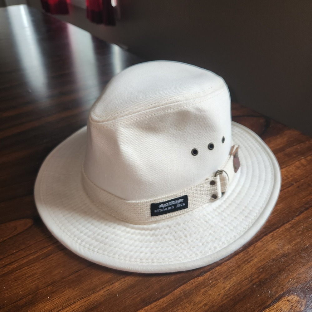 Panama Jack Original Canvas Safari 100% Cotton Hat Mens Size Large. Off White